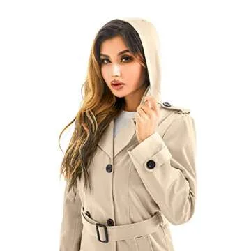 FARVALUE Women's Waterproof Trench Coat Long Double Breasted Windbreaker Classic Belted Lapel Overcoat with Removable Hood Khaki Medium