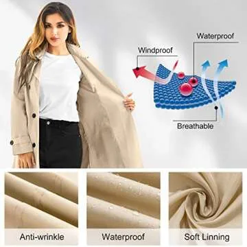 FARVALUE Women's Waterproof Trench Coat Long Double Breasted Windbreaker Classic Belted Lapel Overcoat with Removable Hood Khaki Medium