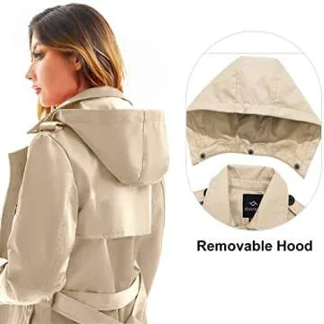 FARVALUE Women's Waterproof Trench Coat Long Double Breasted Windbreaker Classic Belted Lapel Overcoat with Removable Hood Khaki Medium