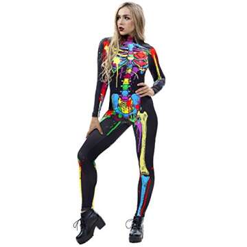 JomeDesign Womens 3D Skeleton Halloween Costumes Cosplay Jumpsuit Bodysuit Colorful Skull Medium