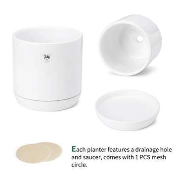 POTEY White Planters Pots for Plants Indoor - 5.1 + 4.2 Inch Modern Home Decor Glazed Ceramic Flowerpot Bonsai Container with Drainage Holes & Saucer 053101, Plants Not Included