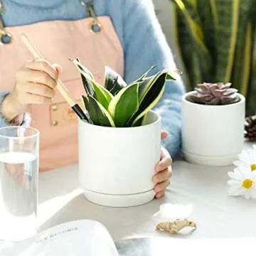 POTEY White Planters Pots for Plants Indoor - 5.1 + 4.2 Inch Modern Home Decor Glazed Ceramic Flowerpot Bonsai Container with Drainage Holes & Saucer 053101, Plants Not Included