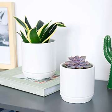 POTEY White Planters Pots for Plants Indoor - 5.1 + 4.2 Inch Modern Home Decor Glazed Ceramic Flowerpot Bonsai Container with Drainage Holes & Saucer 053101, Plants Not Included