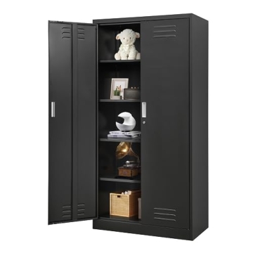 YEEZER Metal Storage Cabinet, Steel Lockable Garage Cabinet, with 2 Doors and 4 Adjustable Shelves