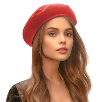 Jeicy Women's French Wool Beret Hats: Black & Red, Gift Scarf Brooch