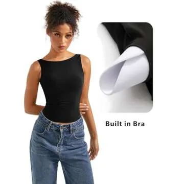 SUUKSESS Women Built in Bra Open Back Boat Neck Tank Tops Double Lined Backless Y2K Going Out Top Ba...