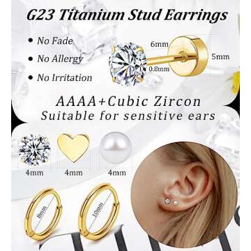 MJust Titanium Earrings Set - Hypoallergenic Gold Stud & Hoop Earrings for Women
