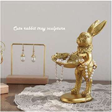 FANTESTICRYAN Small Bunny Statue Decor Jewelry Tray – Adorable Golden Easter Ornament for Home Dé...