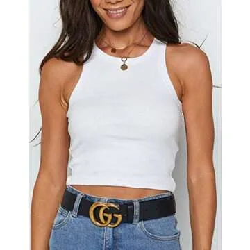 KAMISSY Cotton Rib-Knit Racerback Basic Tank Tops for Women Girls Sleeveless Vest Binding Y2k Crop Tank Top White XS