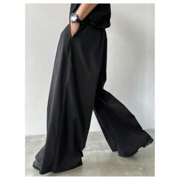 OYOANGLE Men's Baggy Wide Leg Pants Zipper Fly Pleated Trousers Business Casual Dress Pants with Pocket Black Large