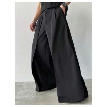 OYOANGLE Men's Baggy Wide Leg Pants Zipper Fly Pleated Trousers Business Casual Dress Pants with Pocket Black Large