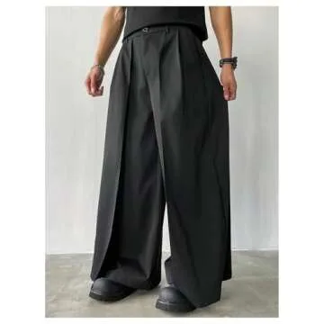 OYOANGLE Men's Baggy Wide Leg Pants Zipper Fly Pleated Trousers Business Casual Dress Pants with Pocket Black Large