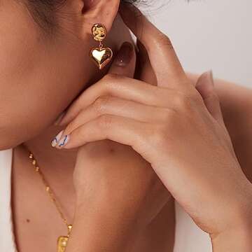 Small Heart Drop Earrings Hammered Gold Heart Dangle Earrings for Women Ladies