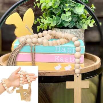 L1rabe Easter Wooden Bead Garland - Easter Jesus Cross Ornaments Spring Hanging Decor Fireplace Ornaments Farmhouse Tiered Tray Prayer Bead for Spring Holiday Party Boho Chic Wall Hanging Home Decor