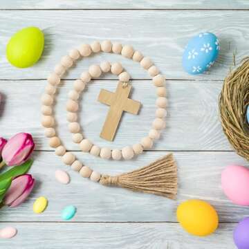 L1rabe Easter Wooden Bead Garland - Easter Jesus Cross Ornaments Spring Hanging Decor Fireplace Ornaments Farmhouse Tiered Tray Prayer Bead for Spring Holiday Party Boho Chic Wall Hanging Home Decor