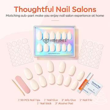 Modelones 30Pcs Press on Nails, Short Almond Fake Nails, Reusable Nail Kit with Nail Glue Adhesive Tabs Mini Nail File, Nails press ons 15 Sizes, Glue on Nails DIY Home Salon Manicure for Women