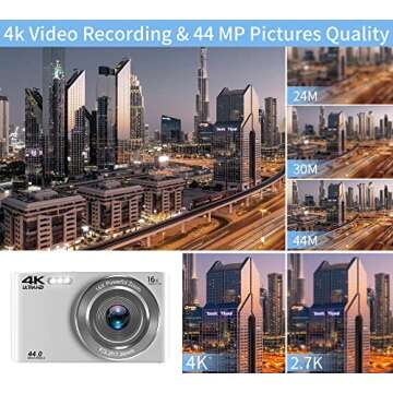 Saneen Digital Camera, 4K Cameras for Photography, 44MP Small & Compact Kids Digital Camera for Teens, Elder, Beginners, 32GB SD Card & 2 Rechargeable Batteries for Christmas Birthday Gifts - Silver