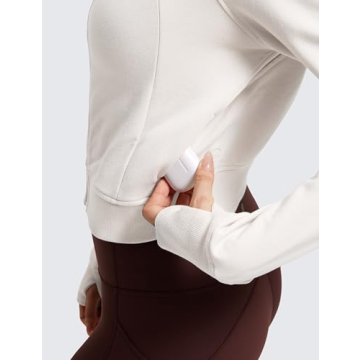 CRZ YOGA Womens Fleece Zip Up Cropped Hoodie Workout Jacket Athletic Casual Long Sleeve Sweatshirts with Thumb Holes Milky White (Bone) Medium