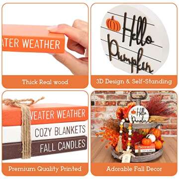 Farmhouse Fall Decor, Thanksgiving Decorations for Home, 1 Set of Faux Book Stack, 1 Hello Pumpkin Sign & 1 Bead Garland for Fall Tiered Tray Decor, Rustic Kitchen Table Decor for Autumn Harvest
