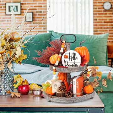 Farmhouse Fall Decor, Thanksgiving Decorations for Home, 1 Set of Faux Book Stack, 1 Hello Pumpkin Sign & 1 Bead Garland for Fall Tiered Tray Decor, Rustic Kitchen Table Decor for Autumn Harvest