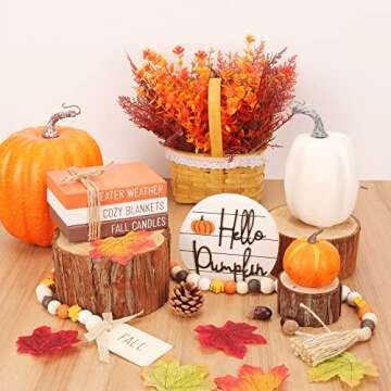 Farmhouse Fall Decor, Thanksgiving Decorations for Home, 1 Set of Faux Book Stack, 1 Hello Pumpkin Sign & 1 Bead Garland for Fall Tiered Tray Decor, Rustic Kitchen Table Decor for Autumn Harvest