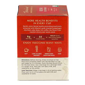Teeccino Reishi Eleuthero Tea - French Roast - Organic Mushroom Adaptogenic Herbal Tea, 3x More Herbs than Regular Tea Bags, Caffeine Free, Chicory Prebiotic - 10 Tea Bags