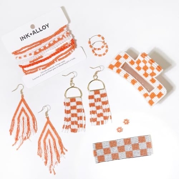 Handmade Orange White Game Day Bracelets for Women Set of 10