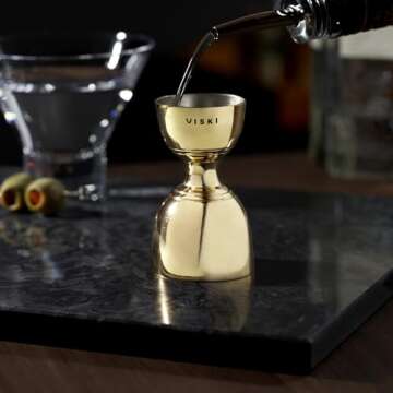 Viski Canterbury Double Measure for Cocktails - Bar Tools and Accessories, Stainless Steel Bartender Tool, Measuring Shot - Gold, Set of 1
