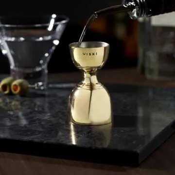 Viski Canterbury Double Measure for Cocktails - Bar Tools and Accessories, Stainless Steel Bartender Tool, Measuring Shot - Gold, Set of 1