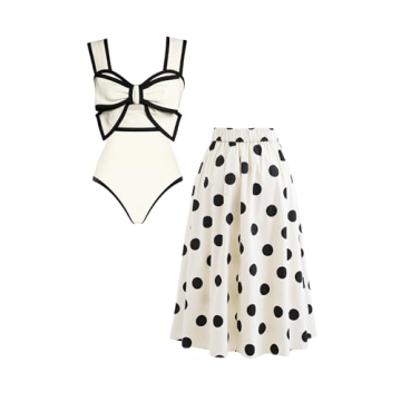 FLAXMAKER Black and White Swimsuit Bow-tie Decor Women's Polka dot Print Skirt One Piece Bathing Sui...