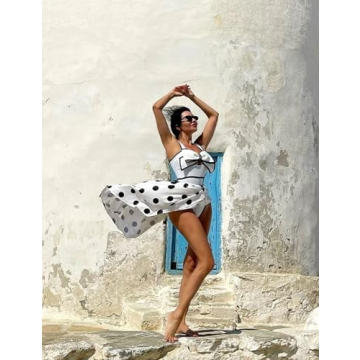FLAXMAKER Black and White Swimsuit Bow-tie Decor Women's Polka dot Print Skirt One Piece Bathing Suit with Skirt(White,L)