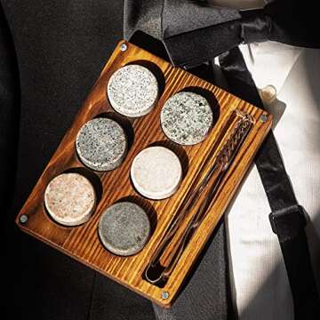 Whiskey Chilling Stones Large Rocks with Ice Tong - Wooden Case Gift Ready Bourbon Drink Granite Reusable - Premium Sipping Round Rock for Men Boyfriend Husband Father (Set of 6)