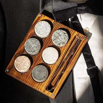 Whiskey Chilling Stones Large Rocks with Ice Tong - Wooden Case Gift Ready Bourbon Drink Granite Reusable - Premium Sipping Round Rock for Men Boyfriend Husband Father (Set of 6)