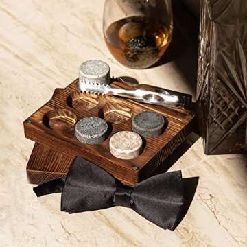 Whiskey Chilling Stones Large Rocks with Ice Tong - Wooden Case Gift Ready Bourbon Drink Granite Reusable - Premium Sipping Round Rock for Men Boyfriend Husband Father (Set of 6)