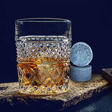 Whiskey Chilling Stones Large Rocks with Ice Tong - Wooden Case Gift Ready Bourbon Drink Granite Reusable - Premium Sipping Round Rock for Men Boyfriend Husband Father (Set of 6)
