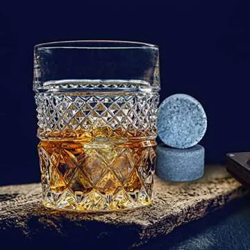 Whiskey Chilling Stones Large Rocks with Ice Tong - Wooden Case Gift Ready Bourbon Drink Granite Reusable - Premium Sipping Round Rock for Men Boyfriend Husband Father (Set of 6)