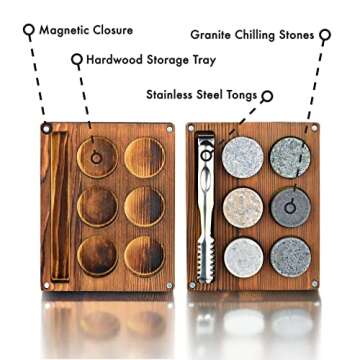 Whiskey Chilling Stones Large Rocks with Ice Tong - Wooden Case Gift Ready Bourbon Drink Granite Reusable - Premium Sipping Round Rock for Men Boyfriend Husband Father (Set of 6)