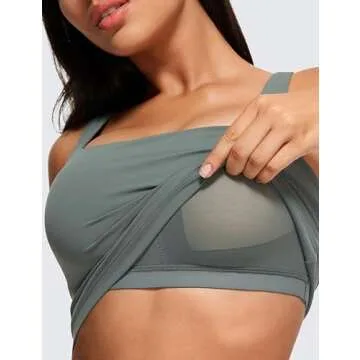 CRZ YOGA Butterluxe Womens Square Neck Longline Sports Bra - Workout Crop Tank Tops Padded Yoga Camisole with Built in Pads Grey Sage Small