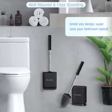 Sellemer Toilet Brush and Holder Set - Flexible Toilet Bowl Brush Head with Silicone Bristles, Compact Size for Storage and Organization, Ventilation Slots Base (1 Pack, Black)