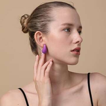 Apsvo Purple Earrings Chunky Gold Hoop Earrings for Women, Lightweight Tear Drop Waterdrop Dangle Dangling Gold Plated Earrings Hypoallergenic Fashion Teardrop Trendy Jewelry(Purple)
