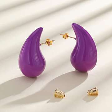 Apsvo Purple Earrings Chunky Gold Hoop Earrings for Women, Lightweight Tear Drop Waterdrop Dangle Dangling Gold Plated Earrings Hypoallergenic Fashion Teardrop Trendy Jewelry(Purple)