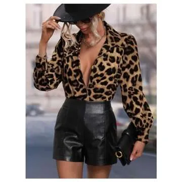 SOLY HUX Women's Button Down Shirts Casual Long Sleeve Print Collar V Neck Blouse Tops Brown Leopard Small