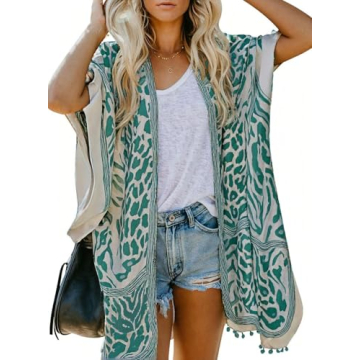 Dokotoo Womens Fashion Female Print Open Front Short Sleeve Kimonos Pom Pom Trim Tassel Split Cardigans Oversized Beach Swimsuit Coverup Swim Bikini Loose Cover up Swimwear Green