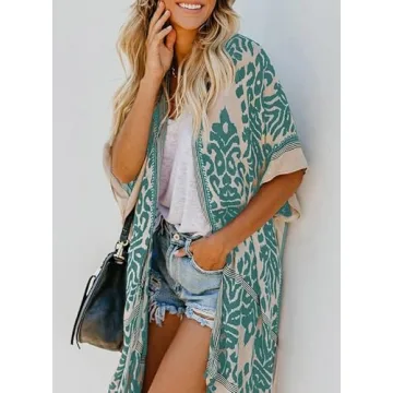 Dokotoo Womens Fashion Female Print Open Front Short Sleeve Kimonos Pom Pom Trim Tassel Split Cardigans Oversized Beach Swimsuit Coverup Swim Bikini Loose Cover up Swimwear Green