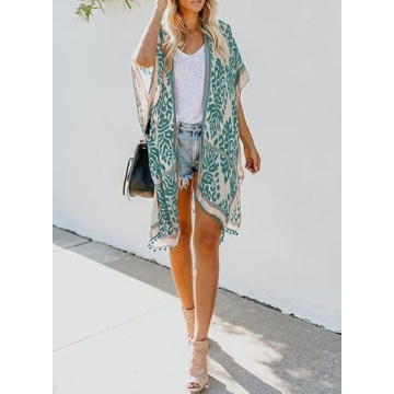 Dokotoo Womens Fashion Female Print Open Front Short Sleeve Kimonos Pom Pom Trim Tassel Split Cardigans Oversized Beach Swimsuit Coverup Swim Bikini Loose Cover up Swimwear Green