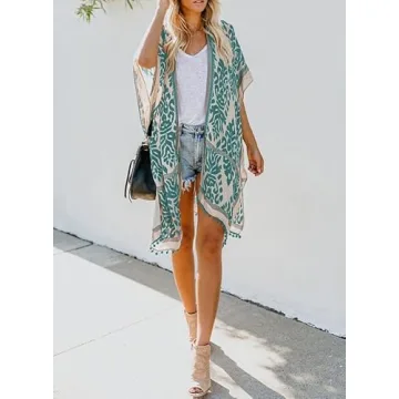 Dokotoo Womens Fashion Female Print Open Front Short Sleeve Kimonos Pom Pom Trim Tassel Split Cardigans Oversized Beach Swimsuit Coverup Swim Bikini Loose Cover up Swimwear Green