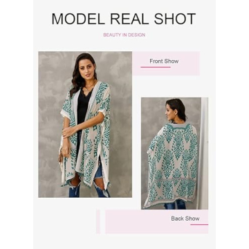 Dokotoo Womens Fashion Female Print Open Front Short Sleeve Kimonos Pom Pom Trim Tassel Split Cardigans Oversized Beach Swimsuit Coverup Swim Bikini Loose Cover up Swimwear Green