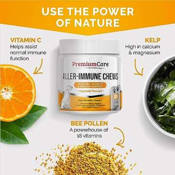 PREMIUM CARE Itch Relief for Dogs - 120 Allergy Chews for Dogs - Anti Itch Seasonal Support for Pets Itchy Skin Relief Skin Health Support with Colostrum, Vitamin C, Omega and Bee Pollen