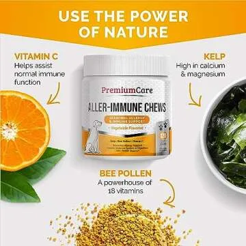 PREMIUM CARE Itch Relief for Dogs - 120 Allergy Chews for Dogs - Anti Itch Seasonal Support for Pets Itchy Skin Relief Skin Health Support with Colostrum, Vitamin C, Omega and Bee Pollen