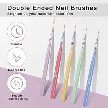 TEOYALL 5 PCS Nail Art Liner Brushes, Sizes 5/7/9/11/20mm Nail Gel Painting Design Tools Nail Fine D...